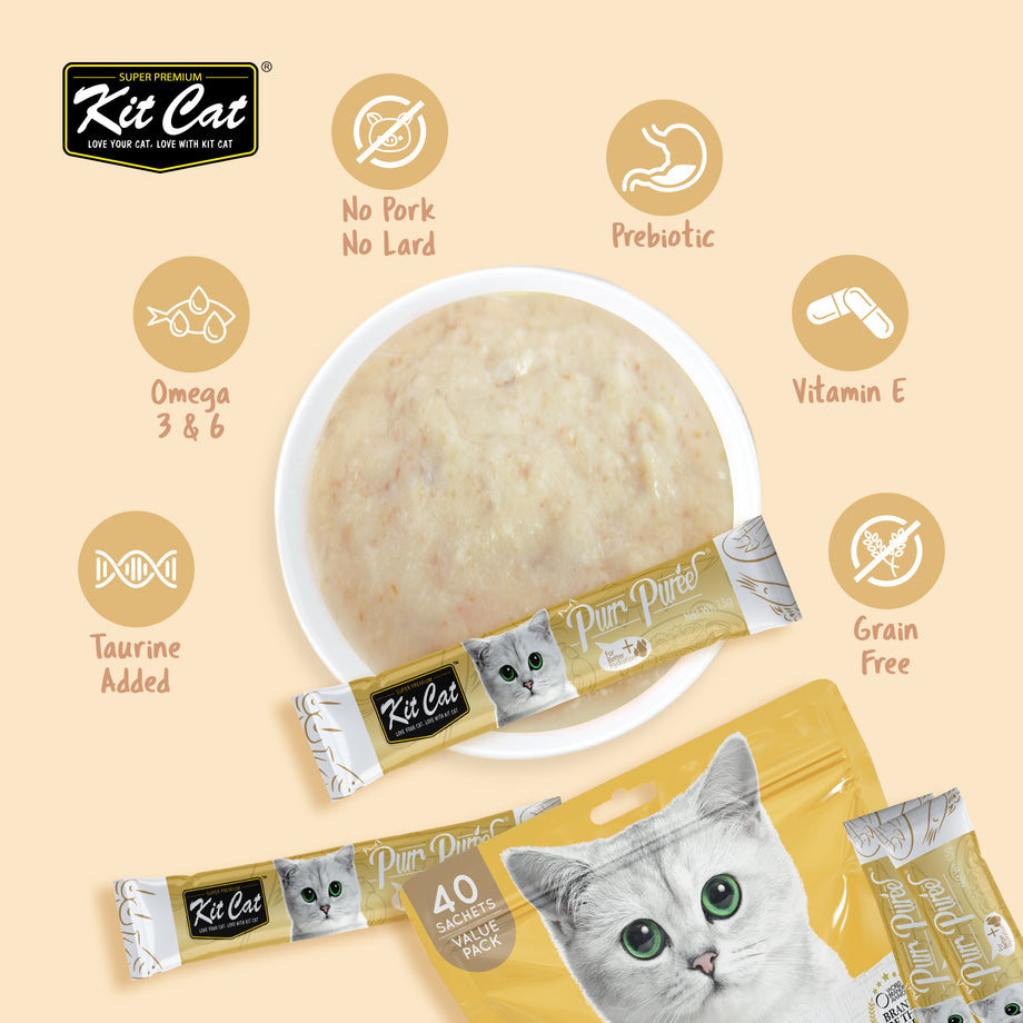 Kit Cat Purr Puree 液体猫零食超值装 - 鸡肉和纤维（毛球控制）（40 条）