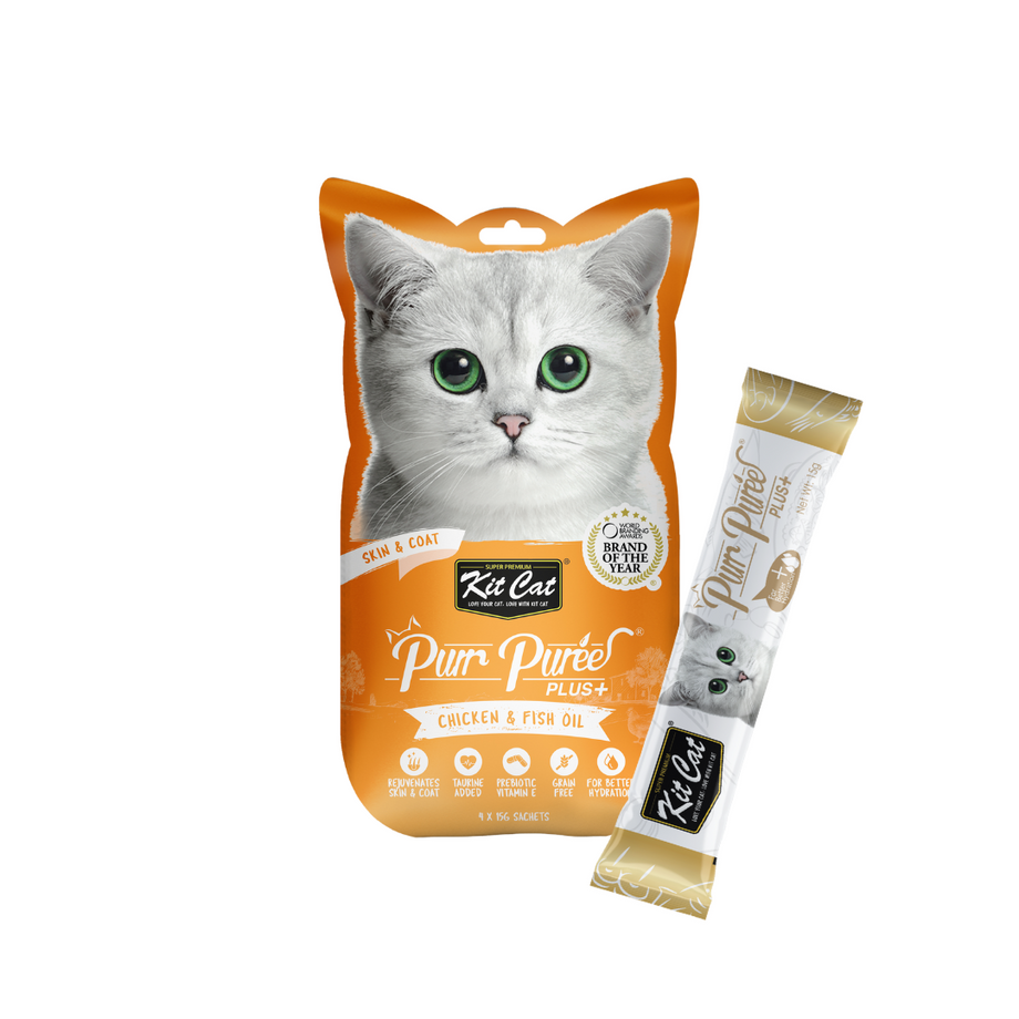 Kit Cat Purr Puree Plus Liquid Cat Treats Chicken Skin Coat Care B2K Pet