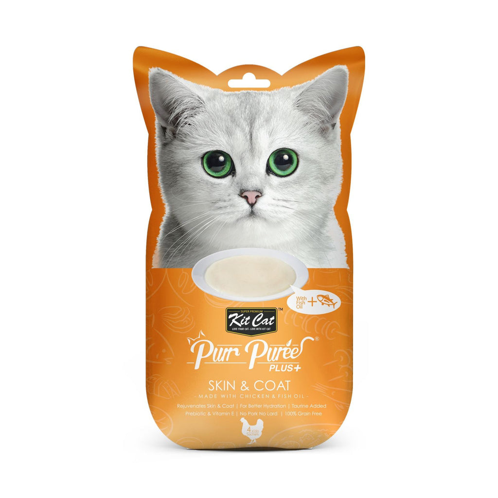 Kit Cat Purr Puree Plus+ Liquid Cat Treats - Chicken Skin & Coat Care (4x15g)